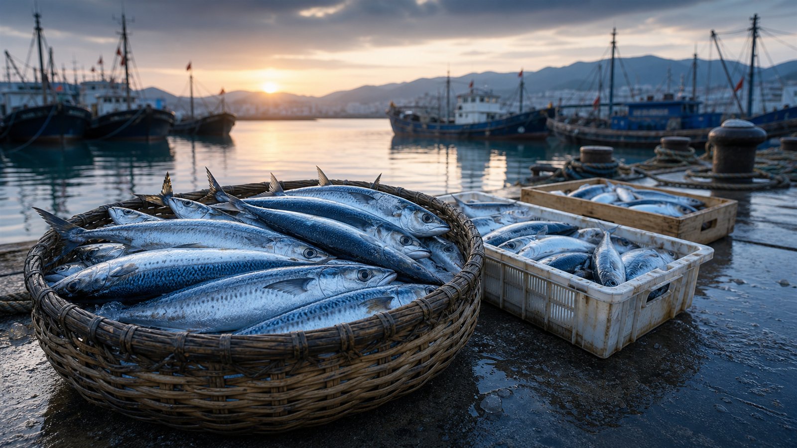 Fresh mackerel and fishing boats